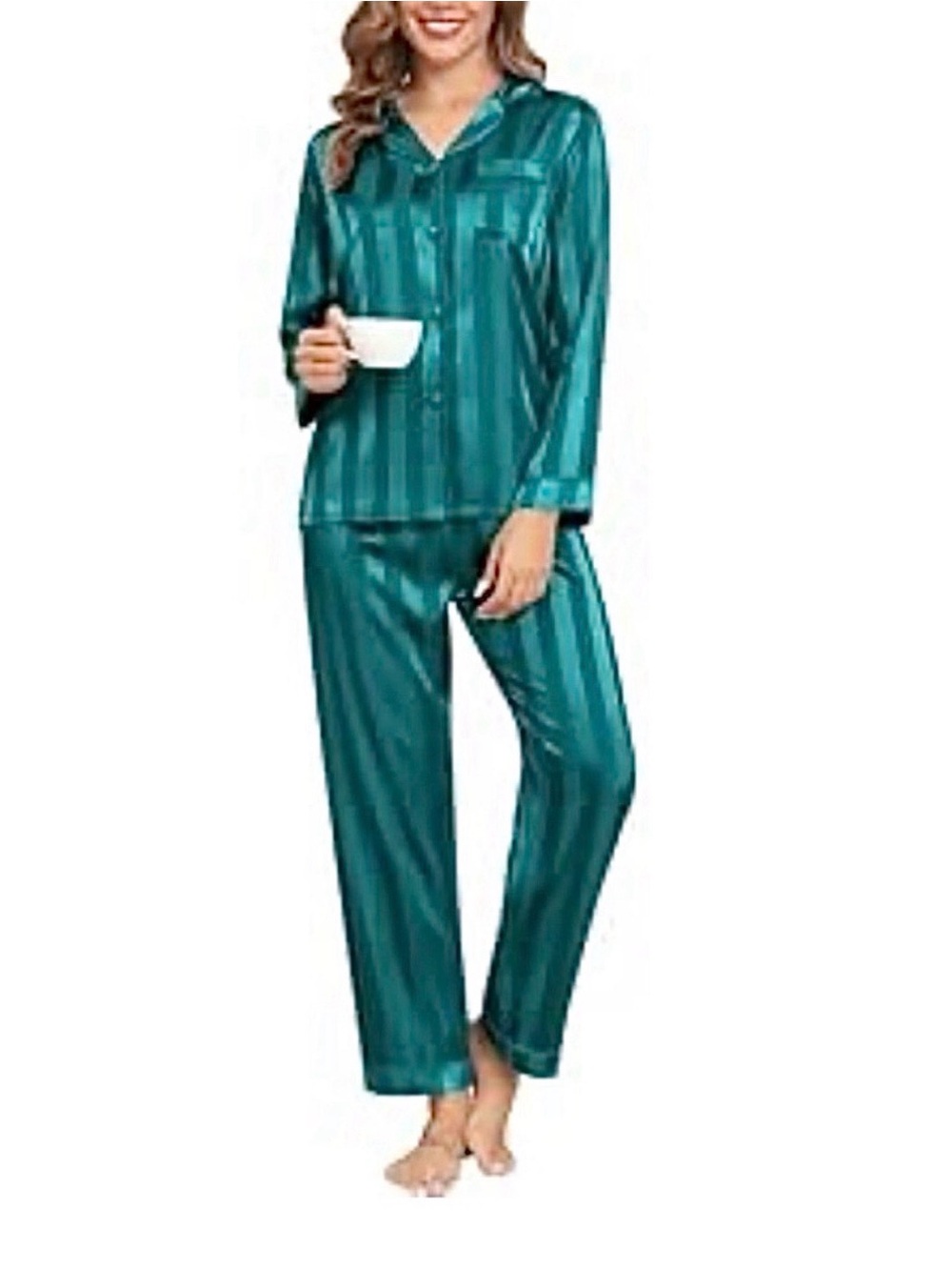 Women’s Striped Satin Long-Sleeve Pajama Set in Teal